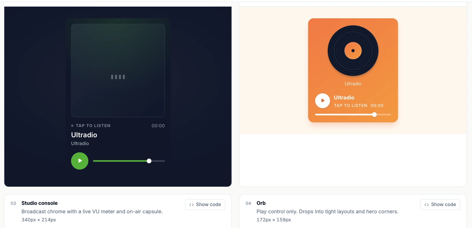 The embed gallery showing several ready-made players side by side, from a full artwork card to a compact bar, each previewed live with the station’s own name and stream.