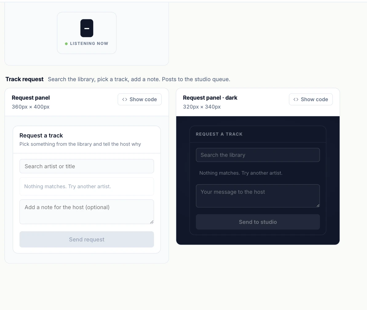 The track-request widget in light and dark: a library search box, a note for the host, and a button that sends the request to the studio.