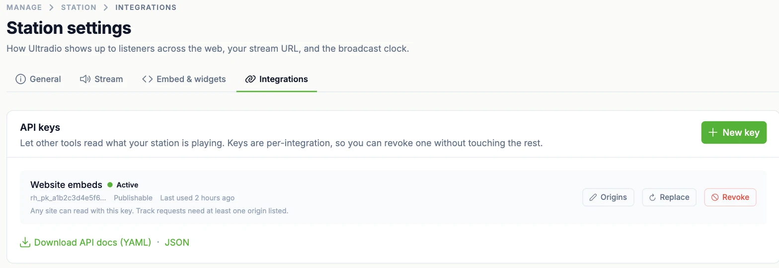 The integrations tab: an API key card showing its publishable prefix, active status and last use, with controls for allowed origins, replacing and revoking it, and links to download the OpenAPI docs.