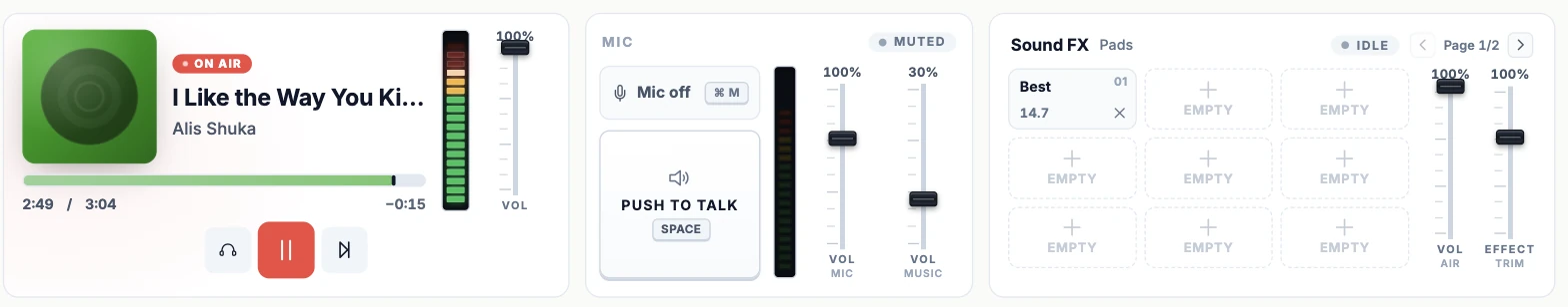 The live console: a deck with a VU meter and cue button, a microphone panel with push-to-talk and paired mic and music faders, and a paged grid of sound-FX pads.