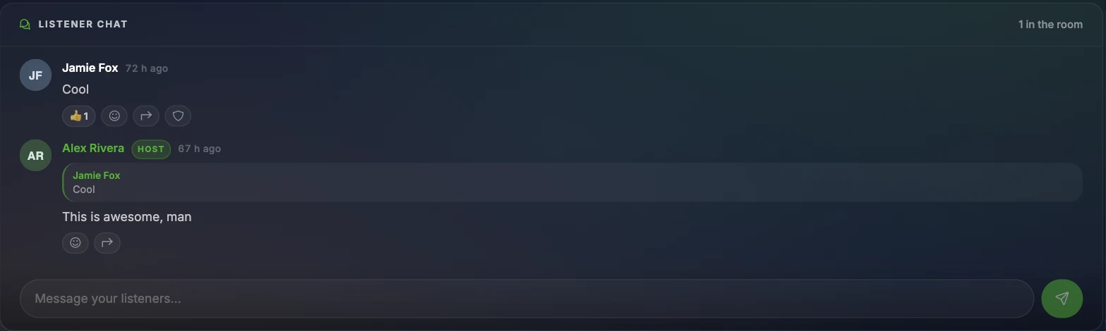 The listener chat under the player: a listener message with an emoji reaction, and the host replying with the original message quoted above it.