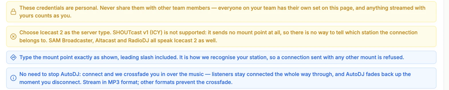 Encoder setup notes: which server type to use, that credentials are personal to each team member, and that connecting crossfades you in over a running AutoDJ without disconnecting listeners.